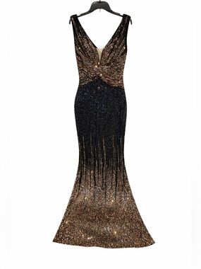 Black Gold Sequin Mermaid Maxi Dress NWT Unithorse Deep V Glam Gown Size L